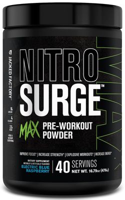 Jacked Factory Nitrosurge Max High Performance Pre Workout Powder - Pre Workout w/Nootropic Ingredients for Intense Focus, Pumps, Smooth Energy, Endurance - 40 Servings, Electric Blue Raspberry