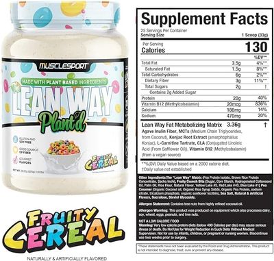 Musclesport Lean Way Plant Protein - Pea Protein and Brown Rice Protein Blend, with Added CLA, MCT and L-Carnitine - 20 Servings (Fruity Cereal)