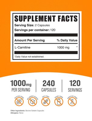 BulkSupplements.com L-Carnitine 1000mg Capsules - Carnitine Supplement, L Carnitine 1000mg, L-Carnitine Capsules - 2 Capsules per Serving (1000mg), 240 Capsules (Pack of 1)