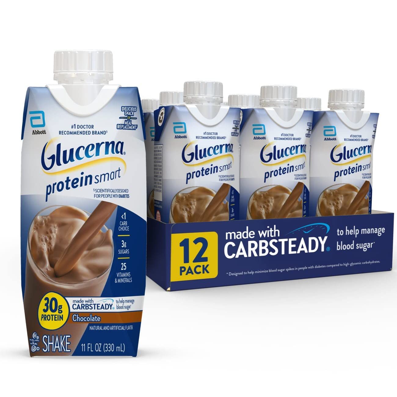 Glucerna Protein Smart Nutritional Shake, Diabetic Protein Drink, Blood Sugar Management, 30g Protein, 150 Calories, Chocolate, 11-fl-oz Carton, 12 Count