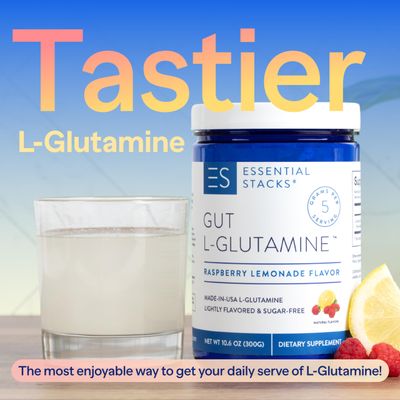 Essential Stacks Flavored Gut L-Glutamine Powder (Raspberry Lemonade) - Sugar Free & Gluten Free - Made with Organic Raspberry & Lemon Flavors (50 Servings)