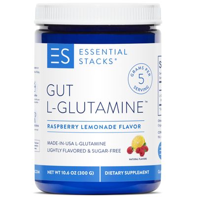 Essential Stacks Flavored Gut L-Glutamine Powder (Raspberry Lemonade) - Sugar Free &amp; Gluten Free - Made with Organic Raspberry &amp; Lemon Flavors (50 Servings)