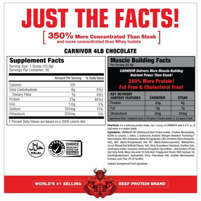 MuscleMeds CARNIVOR Beef Protein Isolate Powder, Muscle Building, Recovery, Lactose Free, Sugar Free, Fat, Free, 23g Protein, Halal Certified, Chocolate, 56 Servings