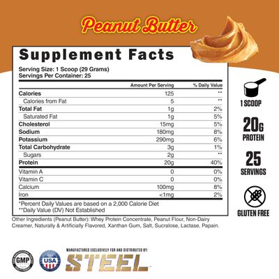 Steel Supplements Whey-Pro | 100% Pure Whey Protein Powder for Men and Women | Peanut Butter | Muscle Gain &amp; Lean Muscle Recovery | Gluten Free | 1.51 lbs | BCAA 5g | Non-GMO | 25 Servings