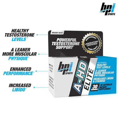 BPI Sports A-HD Elite - Mens Powerful Testosterone Booster - Natural Stamina, Strength, Sexual Support - Increases Metabolism - Fat Burning - Strength - Muscle - 30 Servings - 500mg