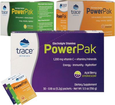 Trace Minerals | Electrolyte Stamina Power Pak | 1200 mg Vitamin C | Non-GMO | Lemon Lime, Orange Blast, and Acai Berry | 30 Packets Variety (Pack of 3)