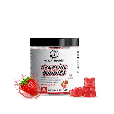 Muscle Munchies Creatine Chewable Gummies for Men &amp; Women-Infused with Beta Alanine-5g of Creatine Per Serving-Increases Strength, Muscle Growth, Endurance, &amp; Recovery-Vegan, NonGMO (Strawberry Burst)