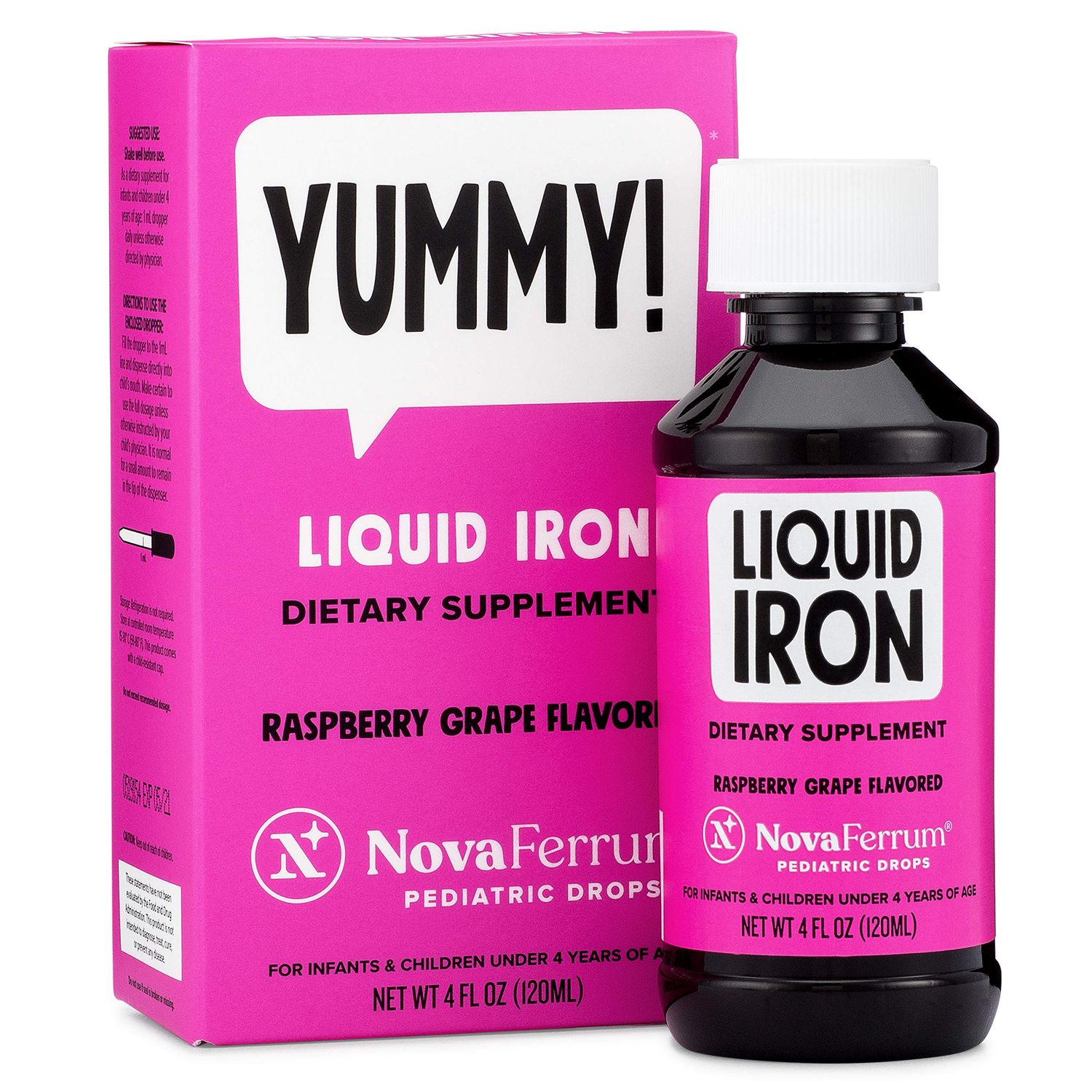NovaFerrum Yummy | Pediatric Drops Liquid Iron Supplement for Infants and Toddlers | Liquid Iron for Kids | 15mg of Iron Per 1mL Dose | Ages 4 &amp; Under | Gluten Free Certified | Sugar-Free | Raspberry