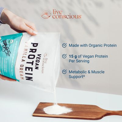 Live Conscious Vegan Pea Protein Powder - Vanilla Dream Flavor | Plant-Based Vegan Protein Blend - Pea, Brown Rice, Pumpkin, Sacha Inchi | 20 Servings 18 oz