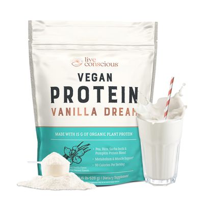 Live Conscious Vegan Pea Protein Powder - Vanilla Dream Flavor | Plant-Based Vegan Protein Blend - Pea, Brown Rice, Pumpkin, Sacha Inchi | 20 Servings 18 oz