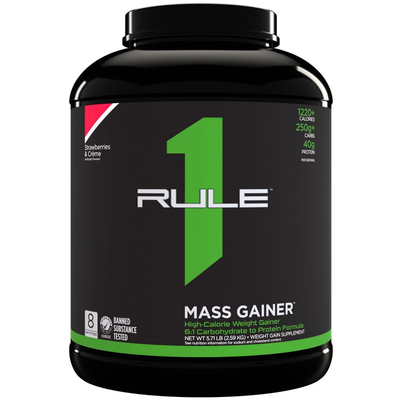 Rule One Proteins, Mass Gainer-Strawberries &amp; Crme, High-Calorie Weight Gain Formula w/ 1,220+ Calories, 250g+ Complex Carb Blend, 40g All-Whey Protein, 8g Fat Per Serving, 6 Pounds, 8 Servings