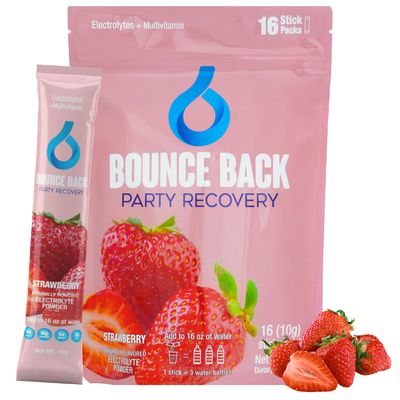 Bounce Back - Party Recovery and Morning Relief | Vacation Essentials | Electrolyte Hydration Packets | 7 Electrolytes + 16 Vitamins &amp; Minerals (16 Pack, Strawberry)