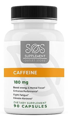 SOS Caffeine Pills, 180 mg x 90 Capsules, Enhanced Energy and Focus, All Natural