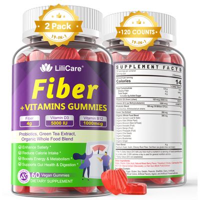 Probiotics Fiber Gummies for Adults Sugar Free + Psyllium Husk Fiber Supplement (Soluble + Insoluble) /w Vitamin B12 1000 mcg Vitamin D3 5000 iu for Fulfill, Metabolism, Gut &amp; Digestive Health, 120Cts