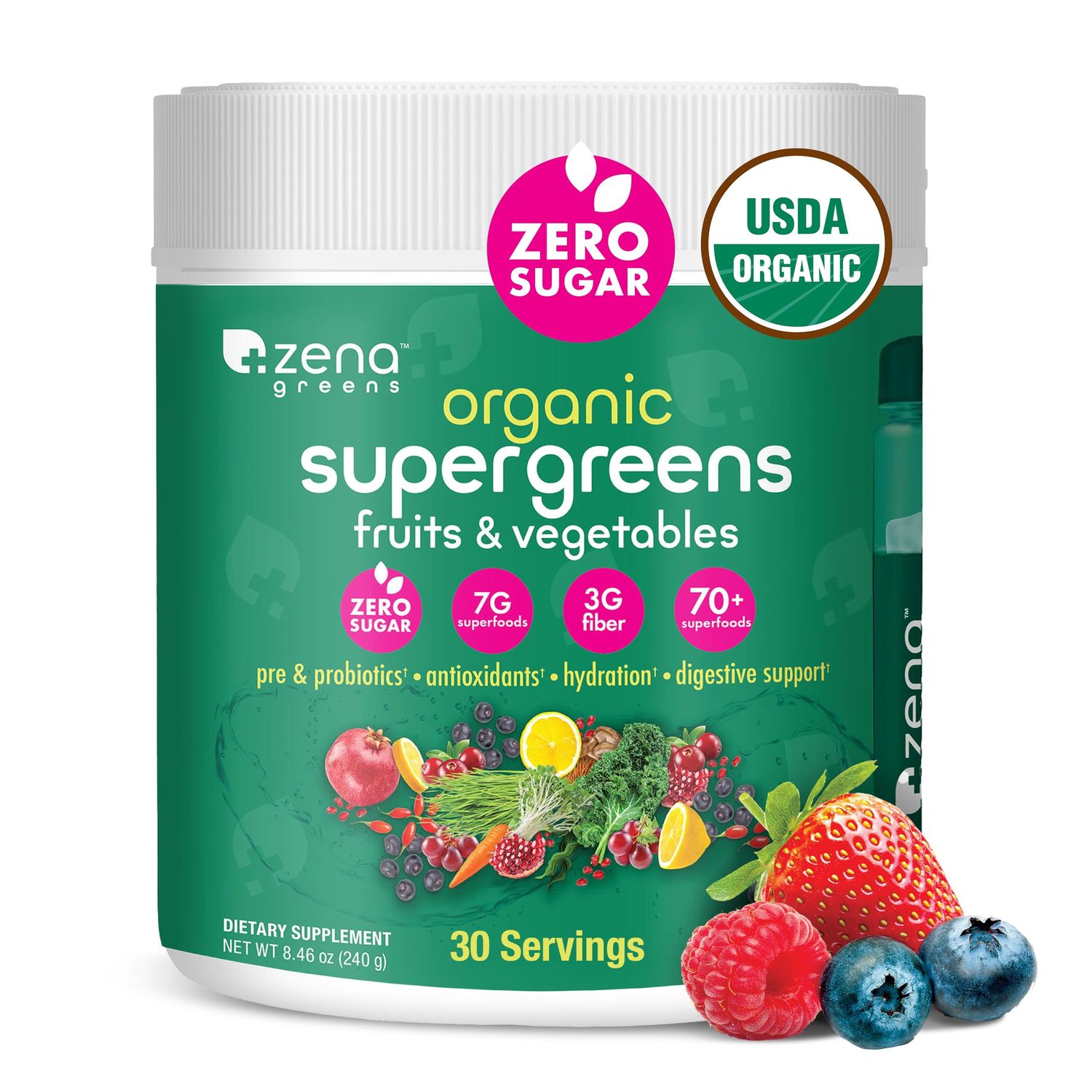 Zena Organic Super Greens Powder, 70+ Superfoods Drink Mix, 0 Sugar, 3G Fiber, Fruits, Veggies, Spirulina, Chlorella, Antioxidants, Pre &amp; Probiotics, Digestive Enzymes, Mixed Berry Flavor, 30 Servings