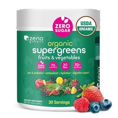 Zena Organic Super Greens Powder, 70+ Superfoods Drink Mix, 0 Sugar, 3G Fiber, Fruits, Veggies, Spirulina, Chlorella, Antioxidants, Pre &amp; Probiotics, Digestive Enzymes, Mixed Berry Flavor, 30 Servings