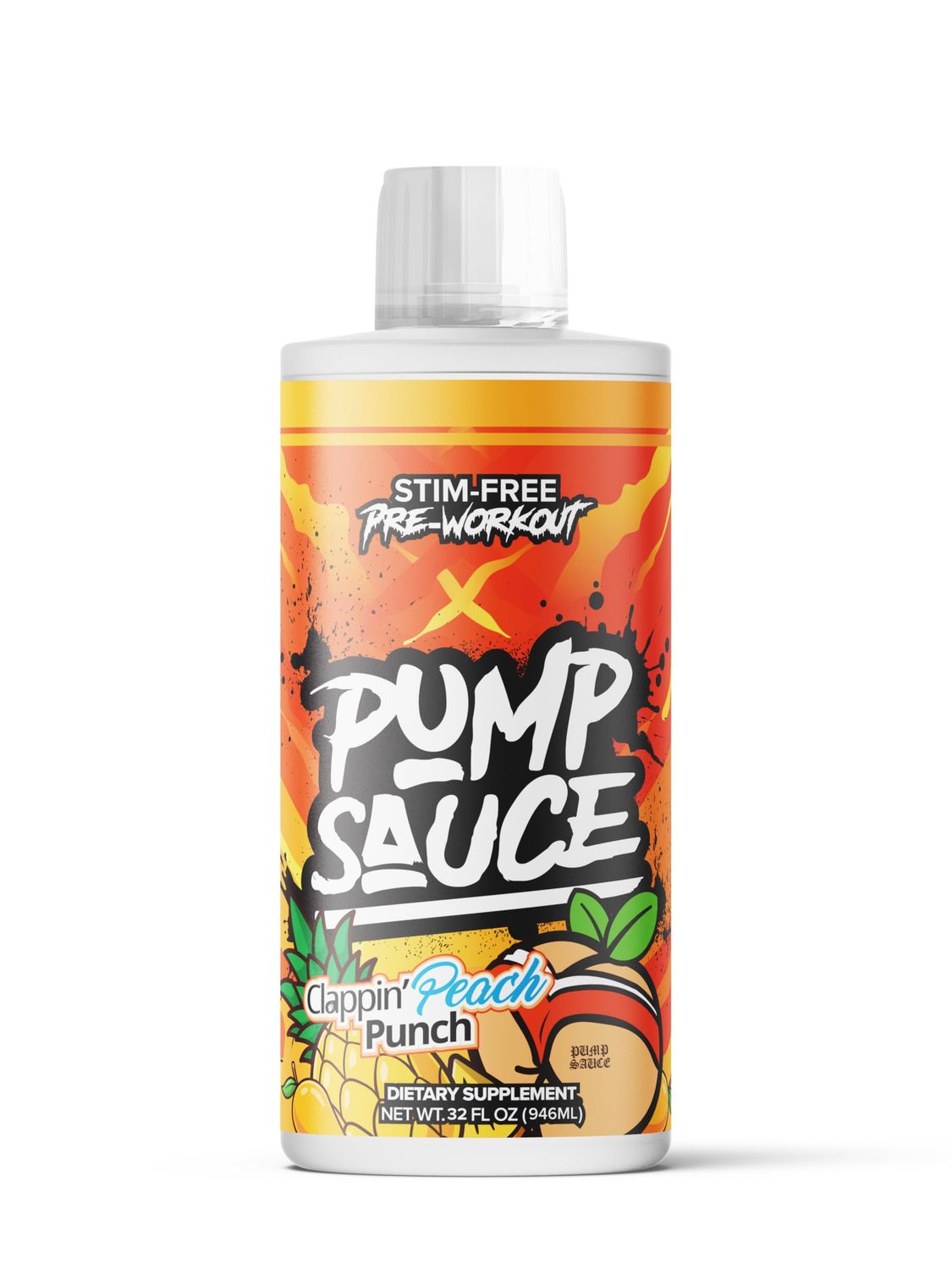 Pump Sauce Pre-Workout - 32 oz, Clappin Peach Punch, No Caffeine, Full Spectrum Liquid, Gluten Free, Vegan, Zero Sugar