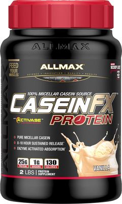 ALLMAX CASEIN-FX Protein, Vanilla - 2 lb - 25 Grams of Slow-Release Protein Per Scoop - Low Carb &amp; Zero Added Sugar - Approx. 27 Servings