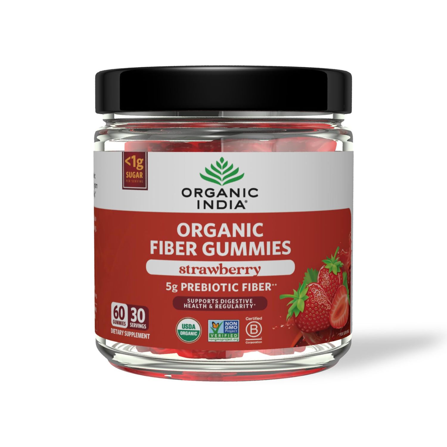 ORGANIC INDIA Fiber Gummies for Adults - Prebiotic Fiber, Dietary Supplement, Digestive Health for Men &amp; Women, High Fiber, Vegan, Low Sugar, Non-GMO - Strawberry, 60 Gummies