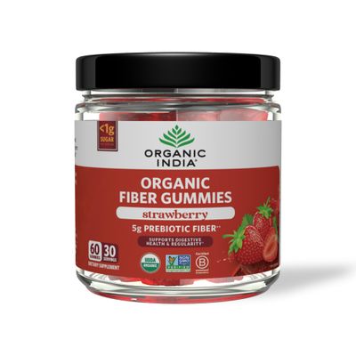 ORGANIC INDIA Fiber Gummies for Adults - Prebiotic Fiber, Dietary Supplement, Digestive Health for Men &amp; Women, High Fiber, Vegan, Low Sugar, Non-GMO - Strawberry, 60 Gummies
