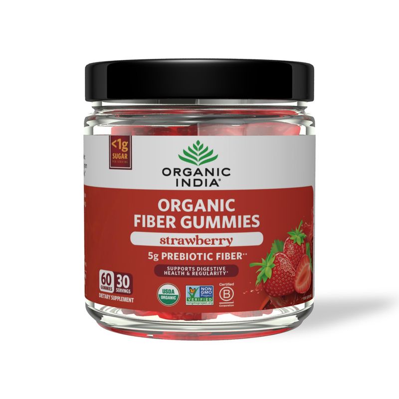 ORGANIC INDIA Fiber Gummies for Adults - Prebiotic Fiber, Dietary Supplement, Digestive Health for Men &amp; Women, High Fiber, Vegan, Low Sugar, Non-GMO - Strawberry, 60 Gummies