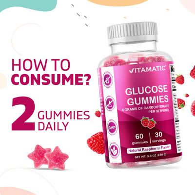 Vitamatic Glucose chewable Gummies - 60 Count - Natural Raspberry Flavor - 4G of Carbohydrate per Serving (1 Bottle)