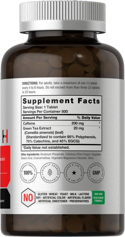 Horbach Caffeine Pills 200mg with Green Tea | 500 Tablets | Vegetarian, Non-GMO &amp; Gluten Free