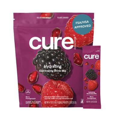 Cure Hydrating Plant Based Electrolyte Mix | Powder for Dehydration Relief | Made with Coconut Water | Non-GMO | No Added Sugar | FSA &amp; HSA | Vegan | Pouch of 14 Packets - Berry Pomegranate