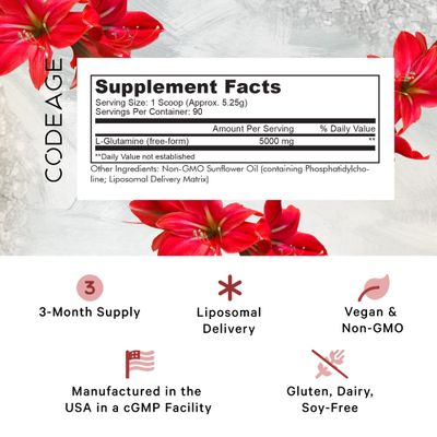 Codeage Liposomal L-Glutamine Powder - High-Potency L-Glutamine 5,000 mg per Serving - 3-Month Supply - Liposomal Delivery, Free-Form Amino Acid, Unflavored Glutamine - Non-GMO Gluten-Free - 16.67 oz