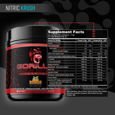 Gorilla Mode Nitric Stimulant Free Pre-Workout - Best Tasting and Most Effective Stimulant Free Pre-Workout/Massive Pumps Vasodilation Power / 680 Grams (Krush)