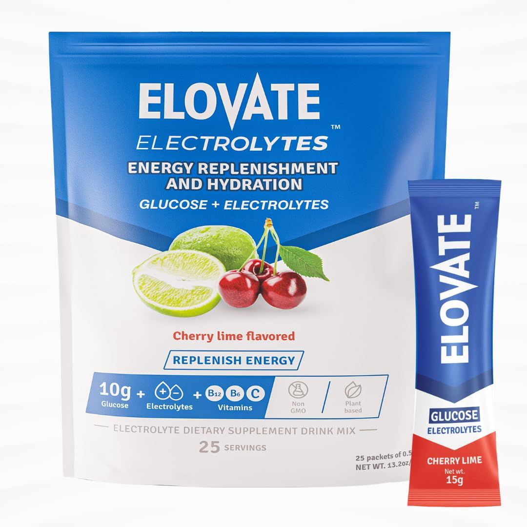 ELOVATE 15 - Electrolyte Drink Mix with 8 Grams of Glucose - Electrolyte Drink Powder Mix - Premiun Hydrating Powder Packets - Ideal to Hydrate &amp; Replenish Glucose Levels(Lime Cherry, Pack of 25)