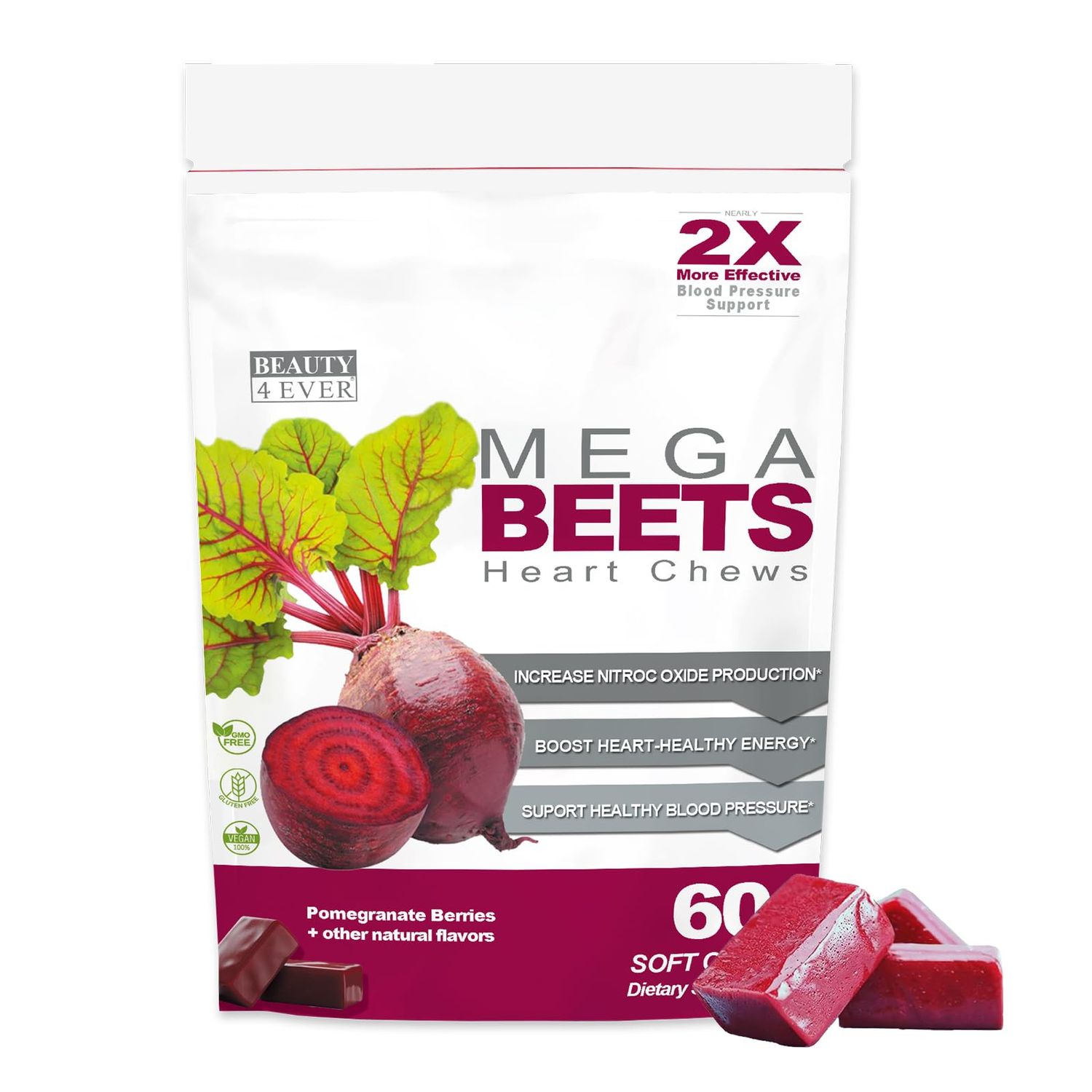 Beauty 4 Ever - Mega Beets Chews - Grape Seed Extract &amp; Non-GMO Beet Energy Chews - Pomegranate Berry Flavor - 60 Count