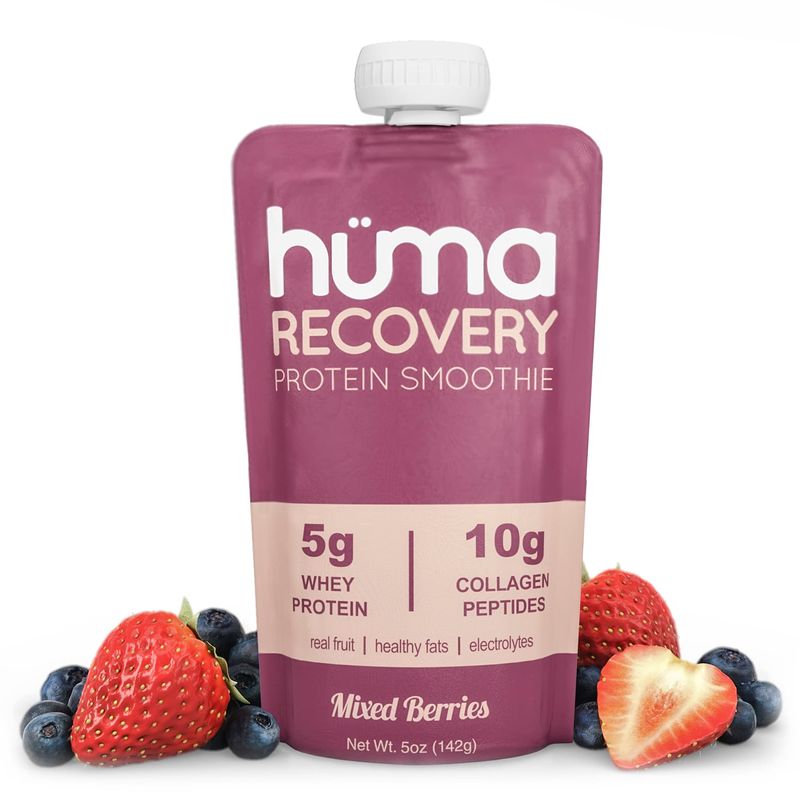 Huma Recovery Protein Smoothie, 12 Pouches - 15g Collagen + Whey Post Workout Recovery Drink - Ready-to-Drink Protein Shake with Real Fruit, Electrolytes, Healthy Fats
