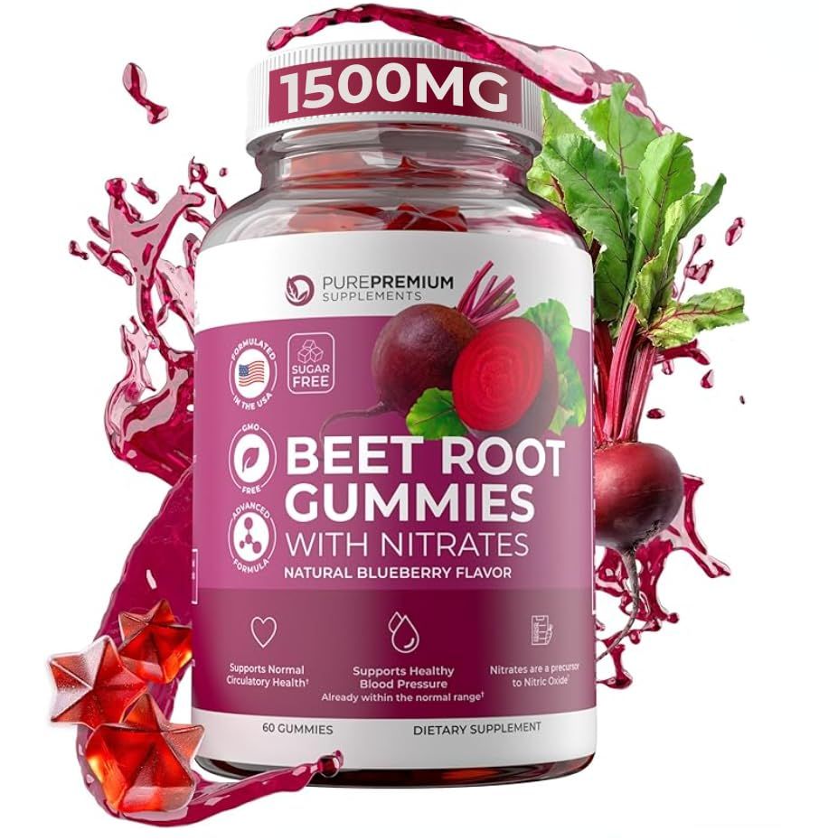 PurePremium Beet Root Gummies - 60 Sugar Free Beet Chews (50:1 Equivalent 1500 mg) - Super Nitric Oxide Gummies - Natural Blueberry Beets Chewables - Beets Supplements for Normal Blood Pressure