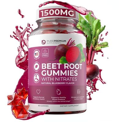 PurePremium Beet Root Gummies - 60 Sugar Free Beet Chews (50:1 Equivalent 1500 mg) - Super Nitric Oxide Gummies - Natural Blueberry Beets Chewables - Beets Supplements for Normal Blood Pressure