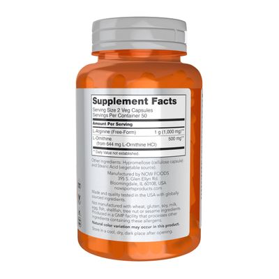 NOW Sports Nutrition, Arginine &amp; Ornithine 500/250 mg, Amino Acids, 100 Veg Capsules