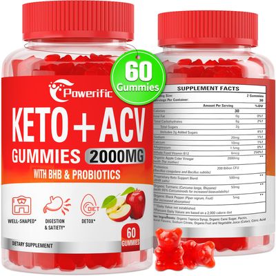 Powerific Apple Cider Vinegar Gummies, Keto ACV Gummies with Probiotics &amp; Vitamin B12, Max Strength 2000mg Keto ACV Gummies with Mother for Digestion, Metabolism, Cleanse &amp; Detox Diet, 60 Gummies