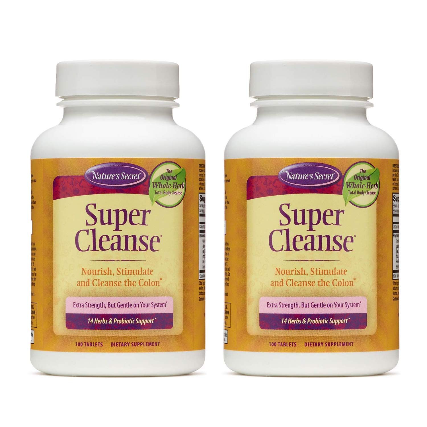 Nature&#39;s Secret Super Cleanse Extra Strength Toxin Detox &amp; Gentle Elimination Body Cleanse, Digestive &amp; Colon Health Support - Stimulating Blend of 14 Herbs with Probiotics - 100 Tablets (Pack of 2)