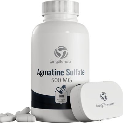LongLifeNutri Agmatine Sulfate 500mg - 180 Veg Caps | Pre-Workout | Nitric Oxide Supplement | Strength &amp; Focus Booster | Supports Muscle Recovery