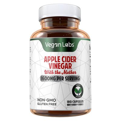 Vegan Labs Apple Cider Vinegar Capsules with The Mother- 180 Vegan Capsules, 1600MG Per Serving- 100% Natural ACV Pills- Supports Healthy Digestion, Keto, Weight Management, Detox, and Immune System