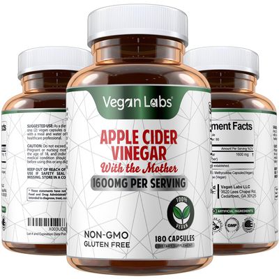 Vegan Labs Apple Cider Vinegar Capsules with The Mother- 180 Vegan Capsules, 1600MG Per Serving- 100% Natural ACV Pills- Supports Healthy Digestion, Keto, Weight Management, Detox, and Immune System