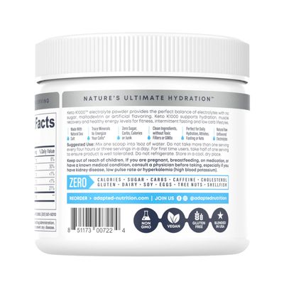 Hi-Lyte Keto K1000 Electrolyte Powder | Unflavored | Hydration Supplement Drink Mix | Boost Energy &amp; Beat Leg Cramps | No Sugar, No Stevia, No Maltodextrin | 50 Servings