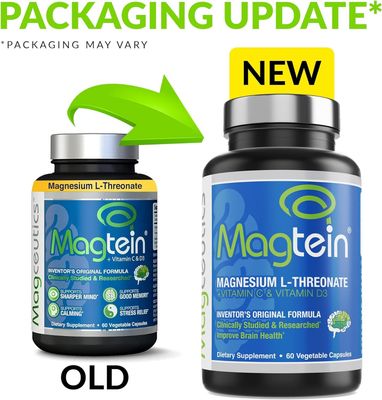 Magtein Magnesium L-Threonate, Improve Brain Health, Memory, Cognition, Stress Relief and Sleep Quality - 60 Veg Capsules (30 Days Supply)