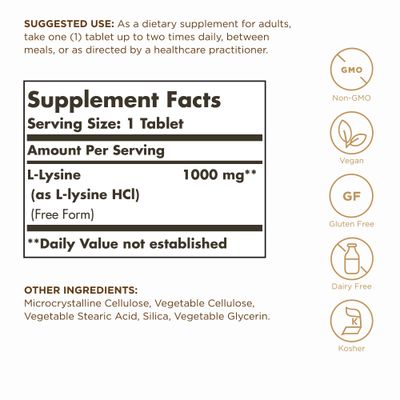 SOLGAR L-Lysine 1000 mg - 250 Tablets - Skin &amp; Tissue Support - Non-GMO, Vegan, Kosher, Gluten Free - 250 Servings