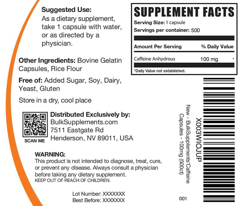 BulkSupplements.com Caffeine 100mg Capsules - Caffeine Supplements, Caffeine Pills 100mg - for Energy Support, 1 Caffeine Capsule per Serving, 500 Capsules (Pack of 1)