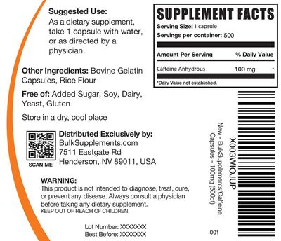 BulkSupplements.com Caffeine 100mg Capsules - Caffeine Supplements, Caffeine Pills 100mg - for Energy Support, 1 Caffeine Capsule per Serving, 500 Capsules (Pack of 1)