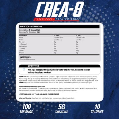 EHP Labs CREA-8 Micronized Creatine Monohydrate Powder - Creatine Powder for Muscle Growth, Increased Strength, Enhanced Energy Output and Improved Performance, Unflavored - 100 Servings (500g)