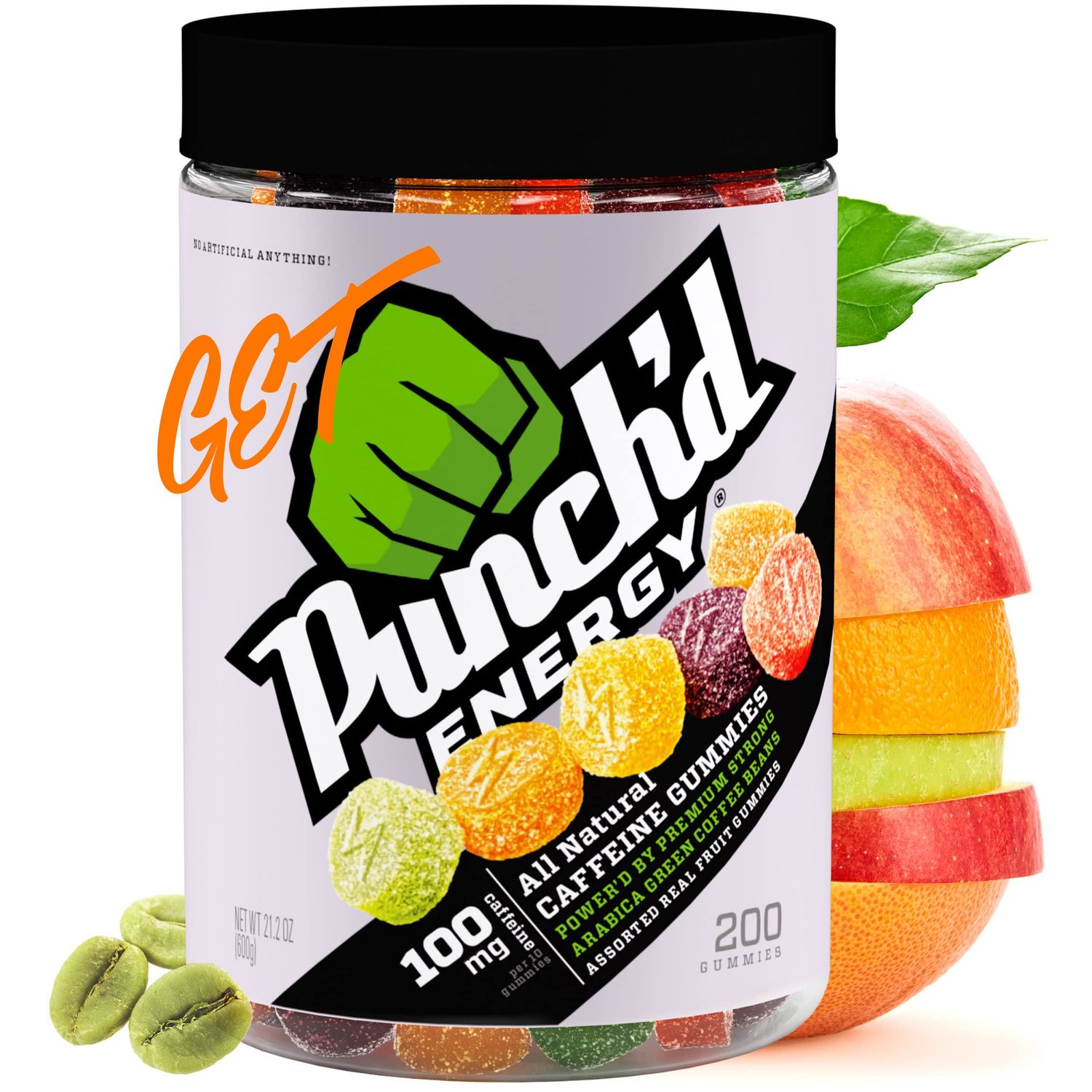 Punch&#39;d Energy Natural Caffeine Gummies (200 Count Value Jar) 100mg of Caffeine per 10 Gummies, Clean Label, Ultra Low Glycemic, Low Calorie, Vitamin C