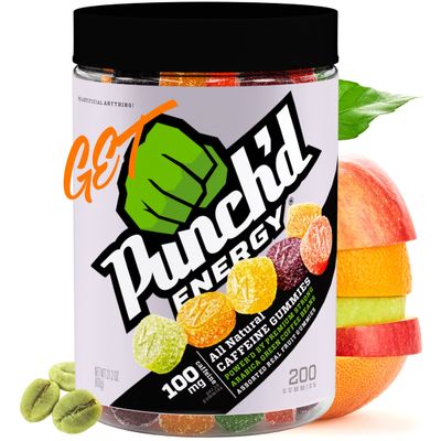 Punch&#39;d Energy Natural Caffeine Gummies (200 Count Value Jar) 100mg of Caffeine per 10 Gummies, Clean Label, Ultra Low Glycemic, Low Calorie, Vitamin C