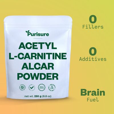 Purisure Acetyl L-Carnitine Powder, 250g, ALCAR Powder, Amino Acid Supplement, Acetyl L-Carnitine Supplement for Better Cognitive Performance and Muscular Endurance, Gluten Free, Non-GMO, 500 Servings